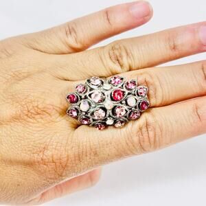 Large Pink Shades Flower Cluster Ring Rhinestone Adjustable Fantasy 3.5cm